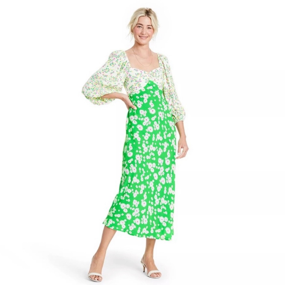RIXO x Target Green Floral Puff Sleeve Midi Dress Size US 2